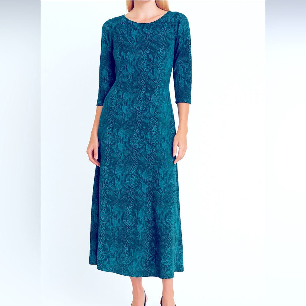 Stonebridge Vintage 1990s Women’s Size 8 Teal Black Print 3/4 Sleeve Maxi Dress